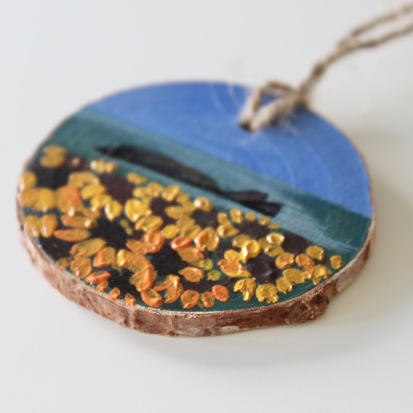 Rhossili Sunflowers Hand-Painted on Wood Slice with Twine - Rustic Welsh Art. Unique Gower Gift decoration