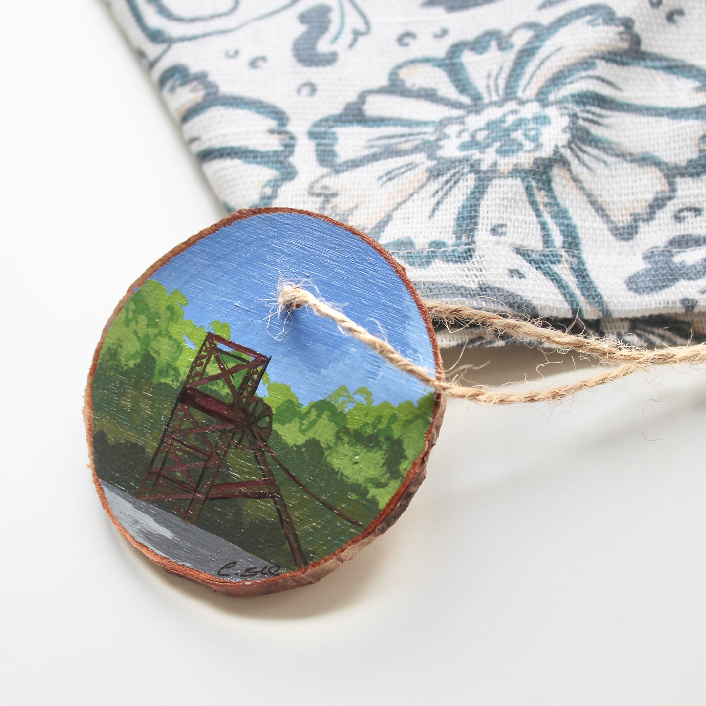Welsh Colliery Wheel Painting on Rustic Wood Slice with Twine. Handcrafted Mining Art, Unique Decoration.