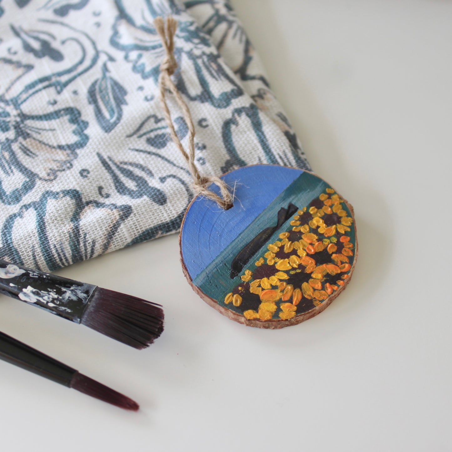 Rhossili Sunflowers Hand-Painted on Wood Slice with Twine - Rustic Welsh Art. Unique Gower Gift decoration