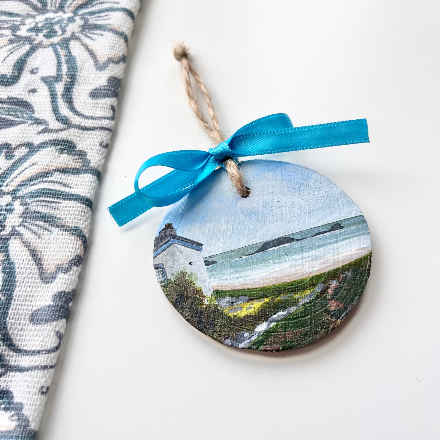 Worms Head, view from Rhossili Old Rectory. Hand painted wooden decoration.