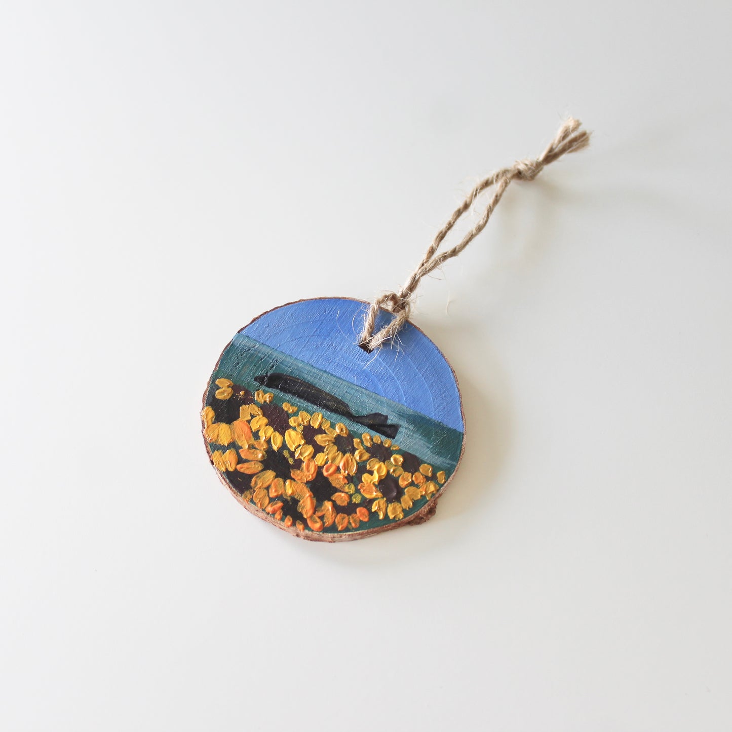 Rhossili Sunflowers Hand-Painted on Wood Slice with Twine - Rustic Welsh Art. Unique Gower Gift decoration