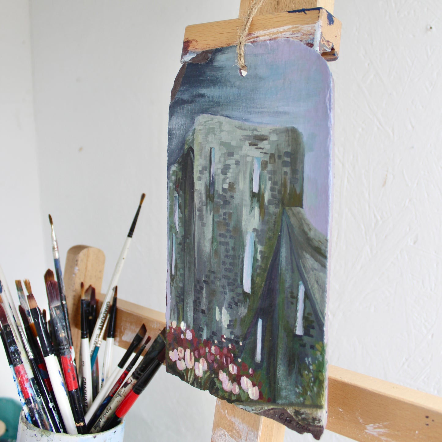 Neath Castle Original Painting – Hand-Painted Acrylic Art on natural Welsh Slate