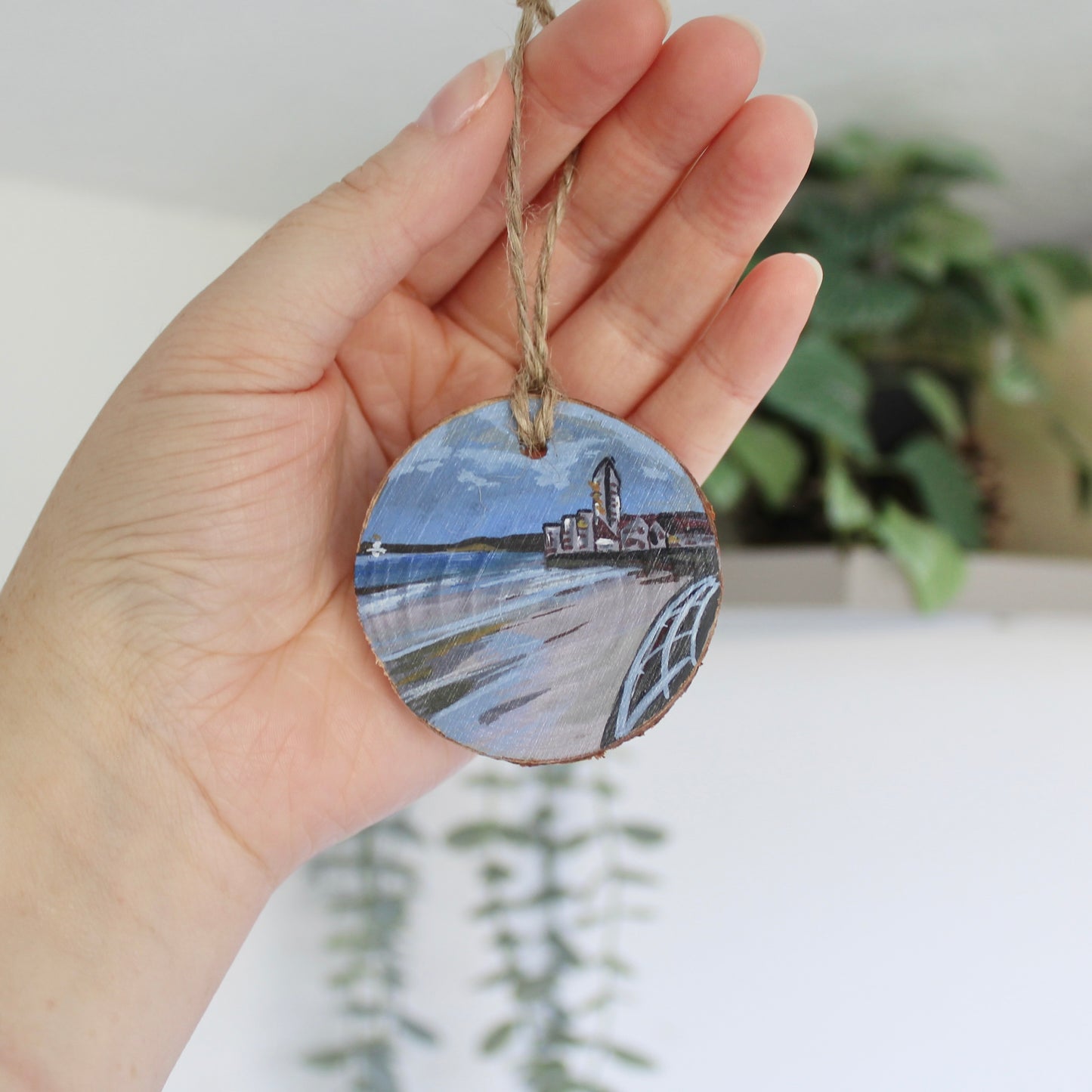 Meridian Tower on Swansea Beach, Hand-Painted Wood Slice Art, Unique Welsh Coastal Gift decoration