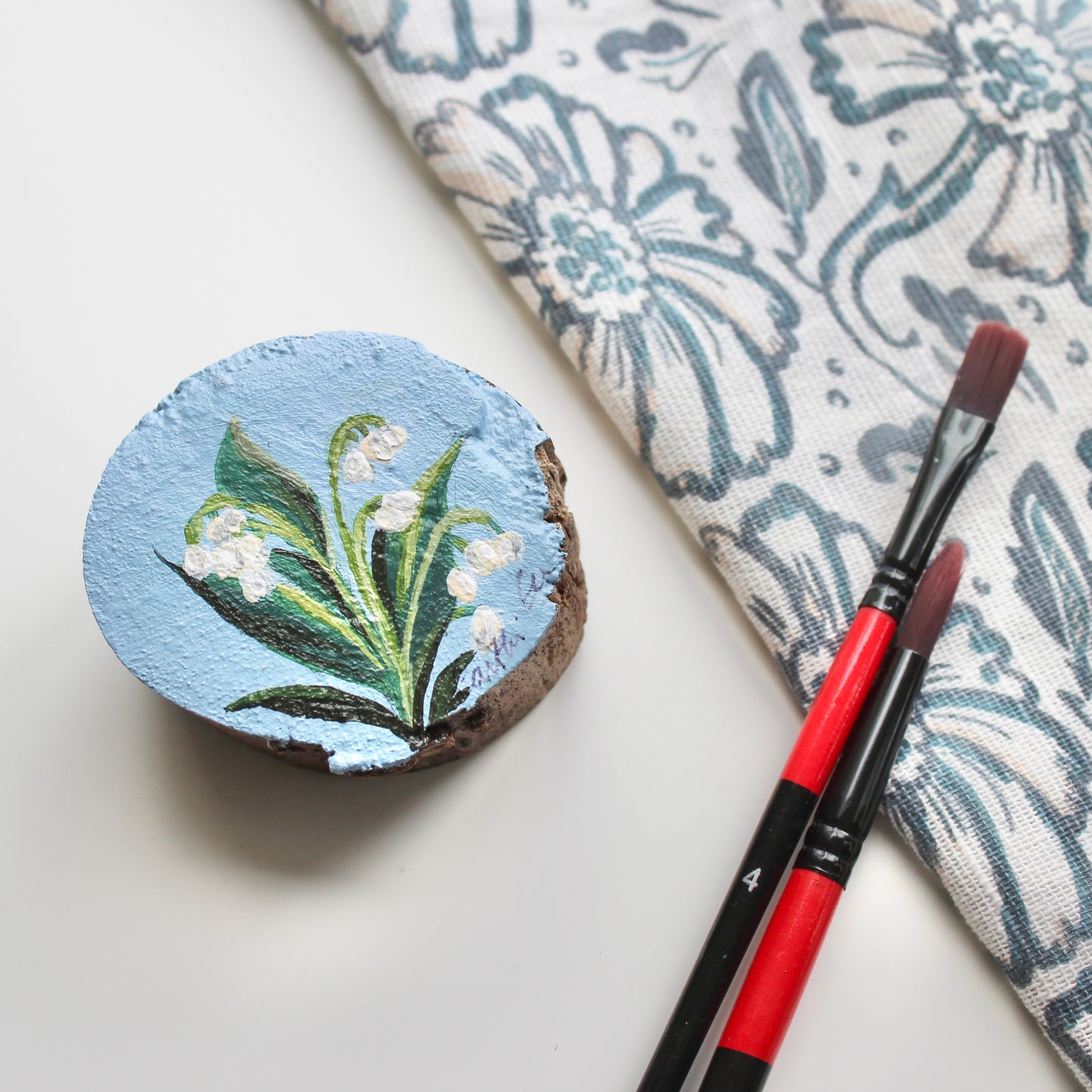 Lily of the Valley Hand-Painted on Free-Standing Wood Slice. Original Art for Shelf or Desk Decor, Unique decoration
