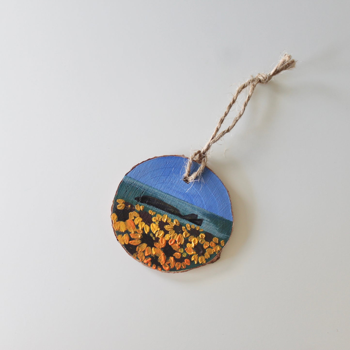 Rhossili Sunflowers Hand-Painted on Wood Slice with Twine - Rustic Welsh Art. Unique Gower Gift decoration
