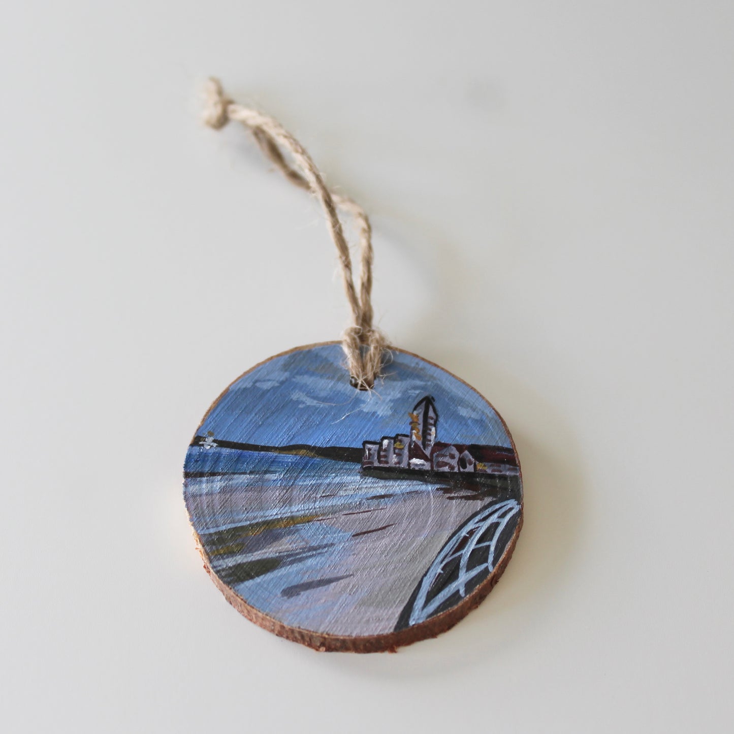 Meridian Tower on Swansea Beach, Hand-Painted Wood Slice Art, Unique Welsh Coastal Gift decoration