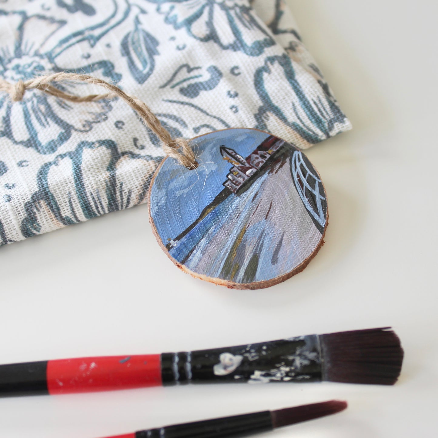 Meridian Tower on Swansea Beach, Hand-Painted Wood Slice Art, Unique Welsh Coastal Gift decoration
