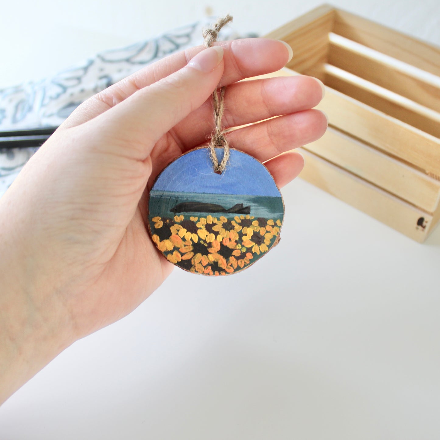 Rhossili Sunflowers Hand-Painted on Wood Slice with Twine - Rustic Welsh Art. Unique Gower Gift decoration