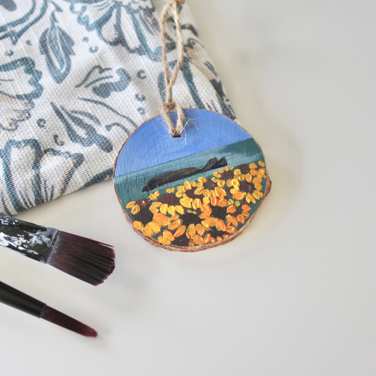 Rhossili Sunflowers Hand-Painted on Wood Slice with Twine - Rustic Welsh Art. Unique Gower Gift decoration