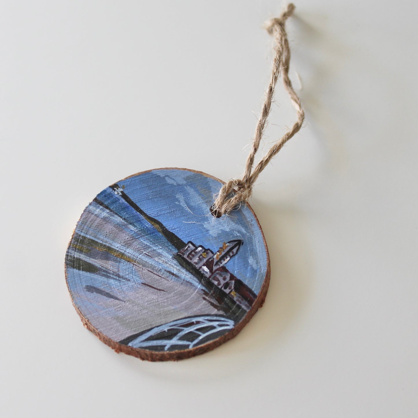 Meridian Tower on Swansea Beach, Hand-Painted Wood Slice Art, Unique Welsh Coastal Gift decoration