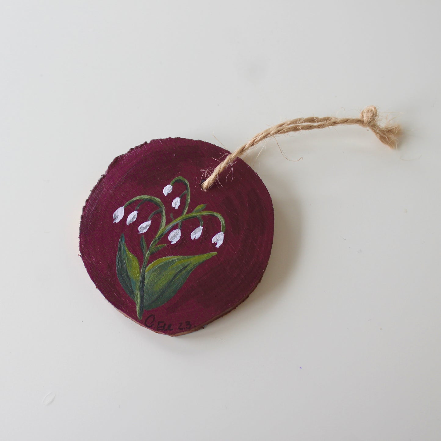 Rustic Wooden Lilly of the Valley Hanging Decor, a Winter Red Christmas Ornament, floral wood slice decoration