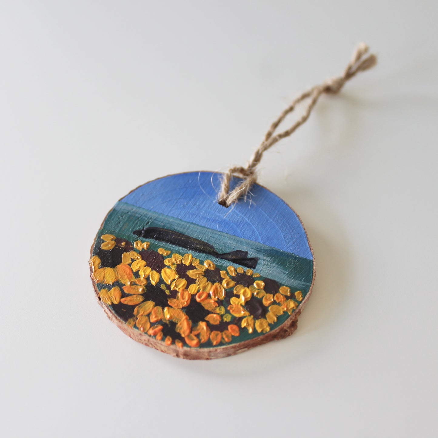 Rhossili Sunflowers Hand-Painted on Wood Slice with Twine - Rustic Welsh Art. Unique Gower Gift decoration