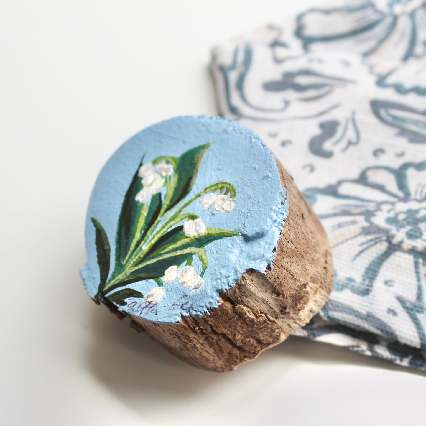 Lily of the Valley Hand-Painted on Free-Standing Wood Slice. Original Art for Shelf or Desk Decor, Unique decoration