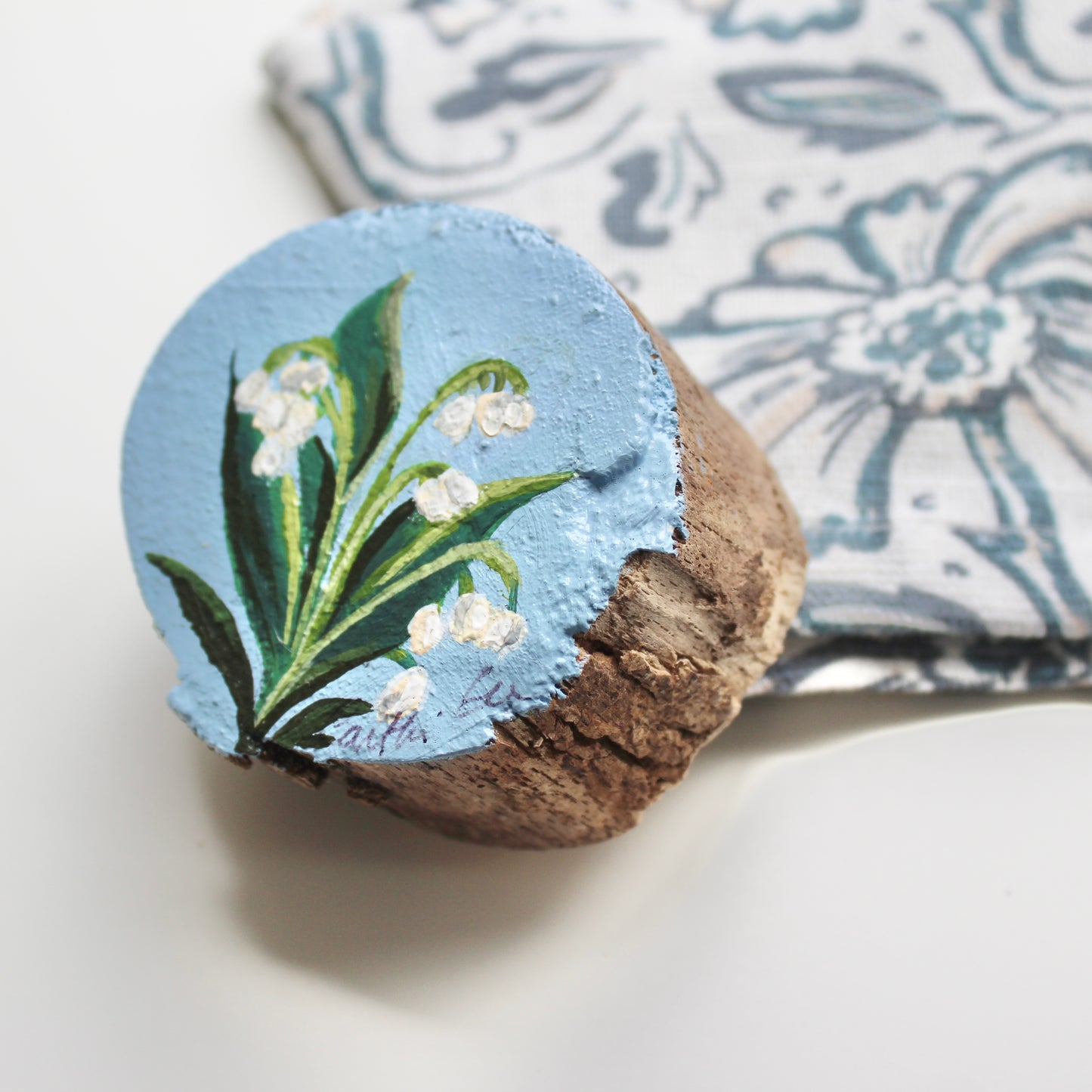 Lily of the Valley Hand-Painted on Free-Standing Wood Slice. Original Art for Shelf or Desk Decor, Unique decoration