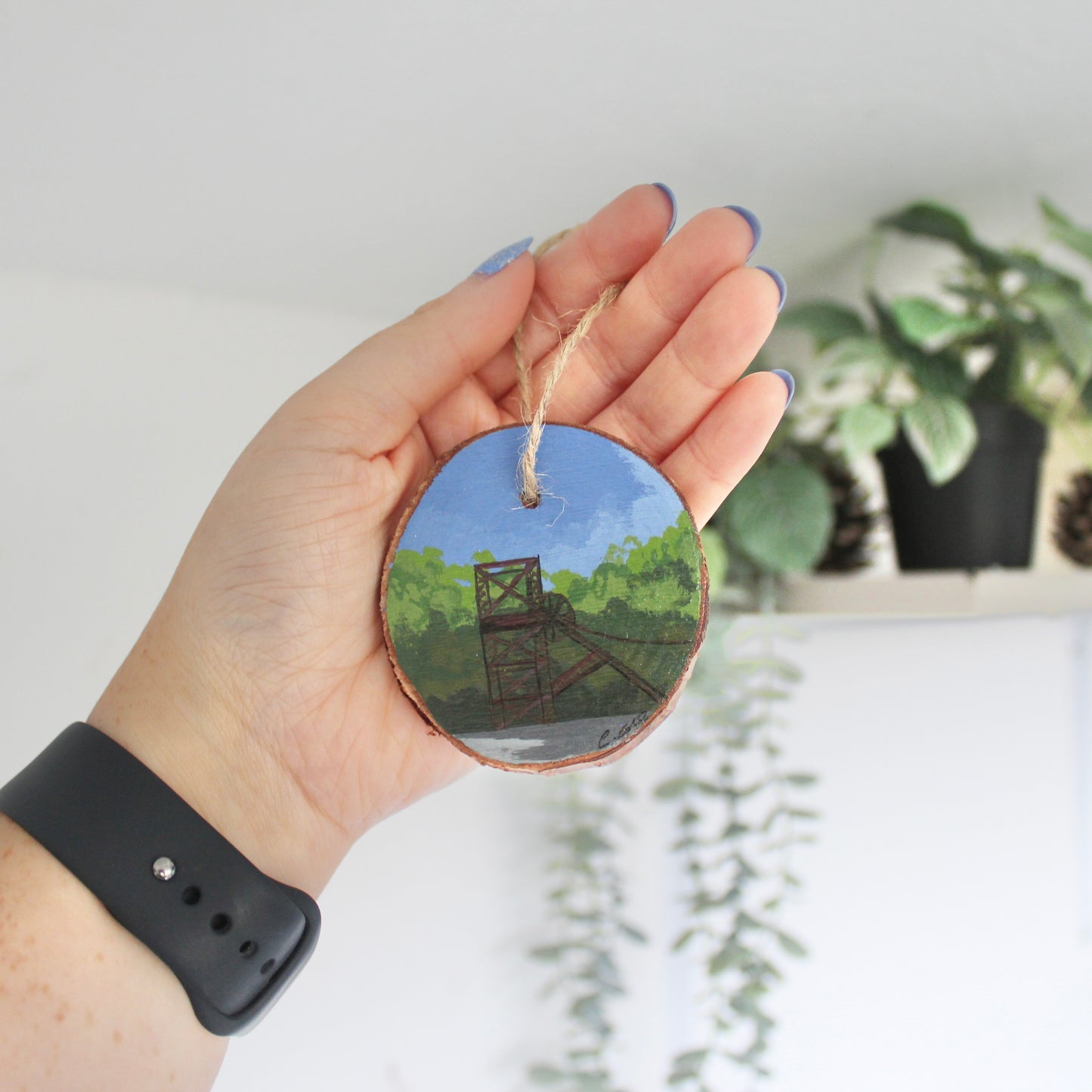 Welsh Colliery Wheel Painting on Rustic Wood Slice with Twine. Handcrafted Mining Art, Unique Decoration.
