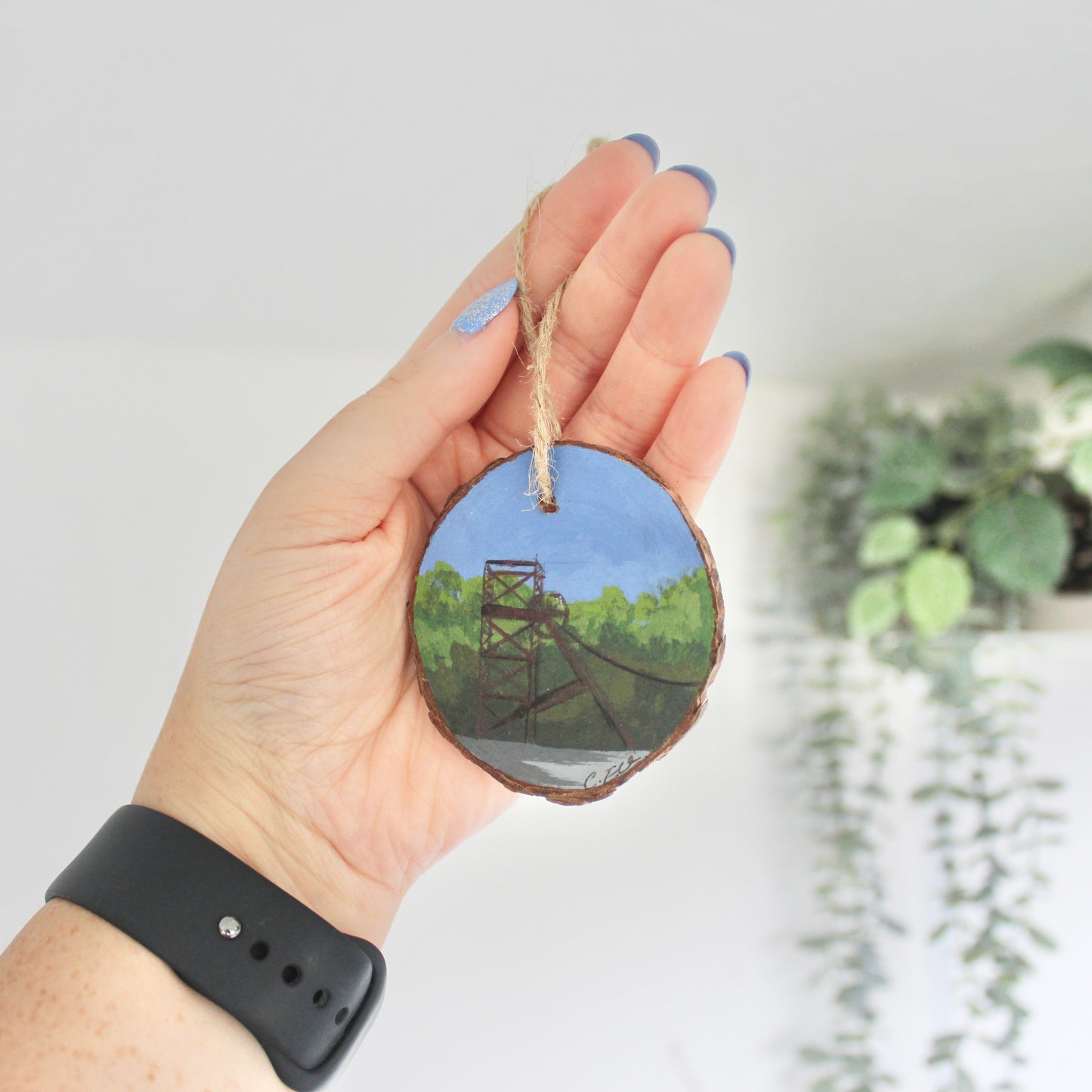 Hand-Painted Mining Colliery Wheel on Wood Slice with Twine. Rustic Welsh Art, Meaningful Welsh Gift decoration