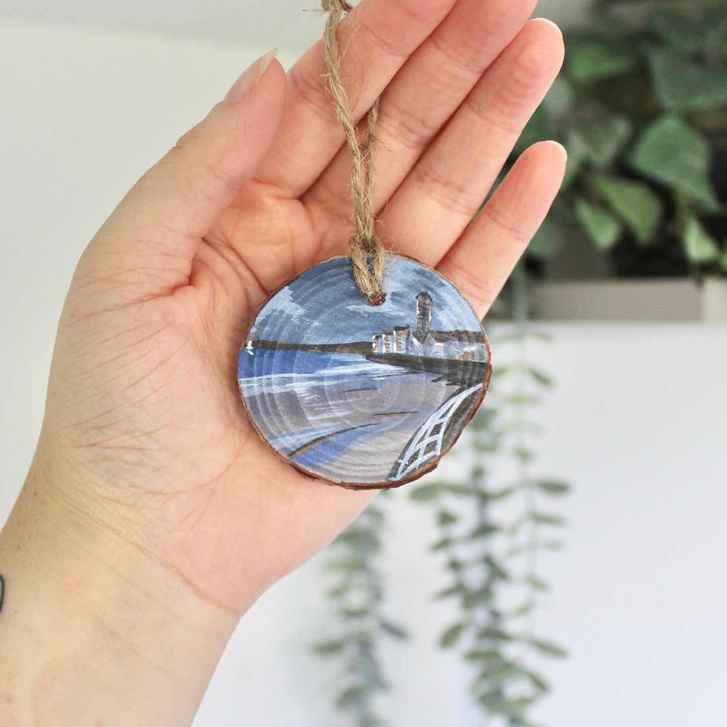 Swansea Beach with Meridian Tower Painting on Wood Slice, Handcrafted Welsh Coastal Art decoration