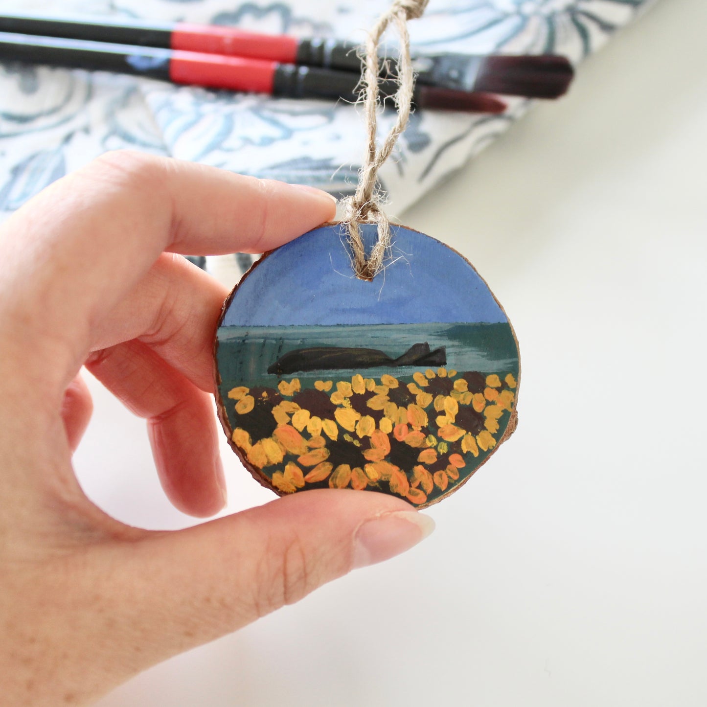 Rhossili Sunflowers Hand-Painted on Wood Slice with Twine - Rustic Welsh Art. Unique Gower Gift decoration