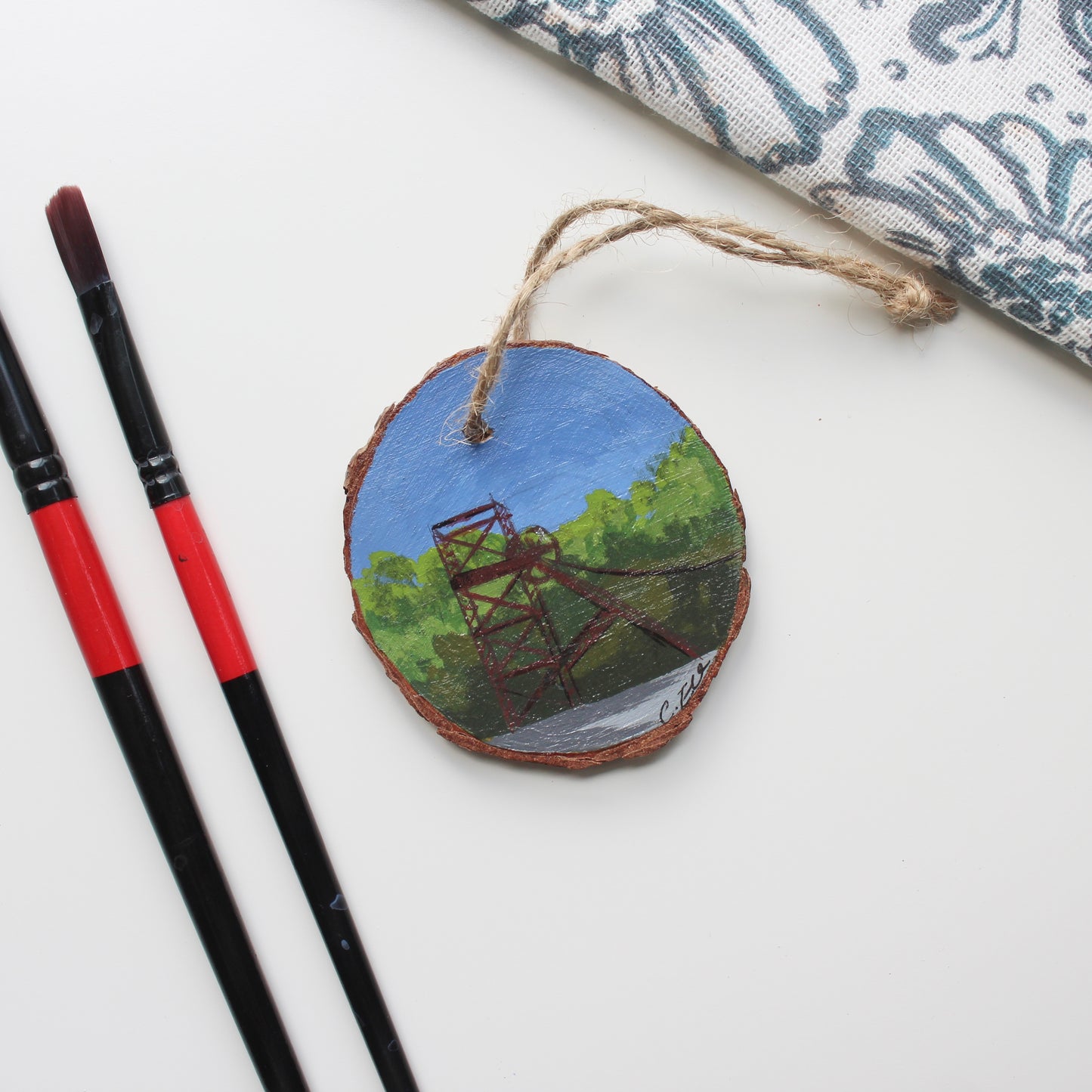 Hand-Painted Mining Colliery Wheel on Wood Slice with Twine. Rustic Welsh Art, Meaningful Welsh Gift decoration