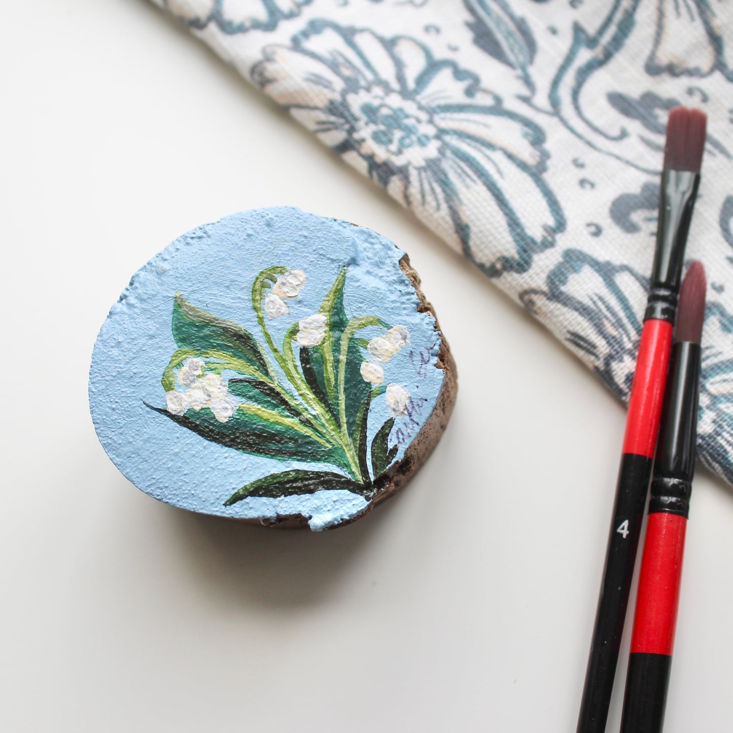 Lily of the Valley Hand-Painted on Free-Standing Wood Slice. Original Art for Shelf or Desk Decor, Unique decoration
