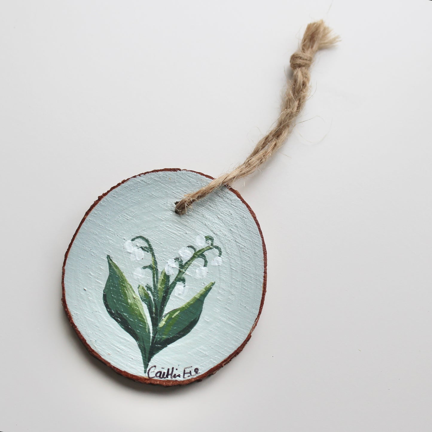 Hand-Painted Lily of the Valley Wood Slice with Twine, Original Floral Artwork, Rustic Home Decor, Unique Welsh decoration