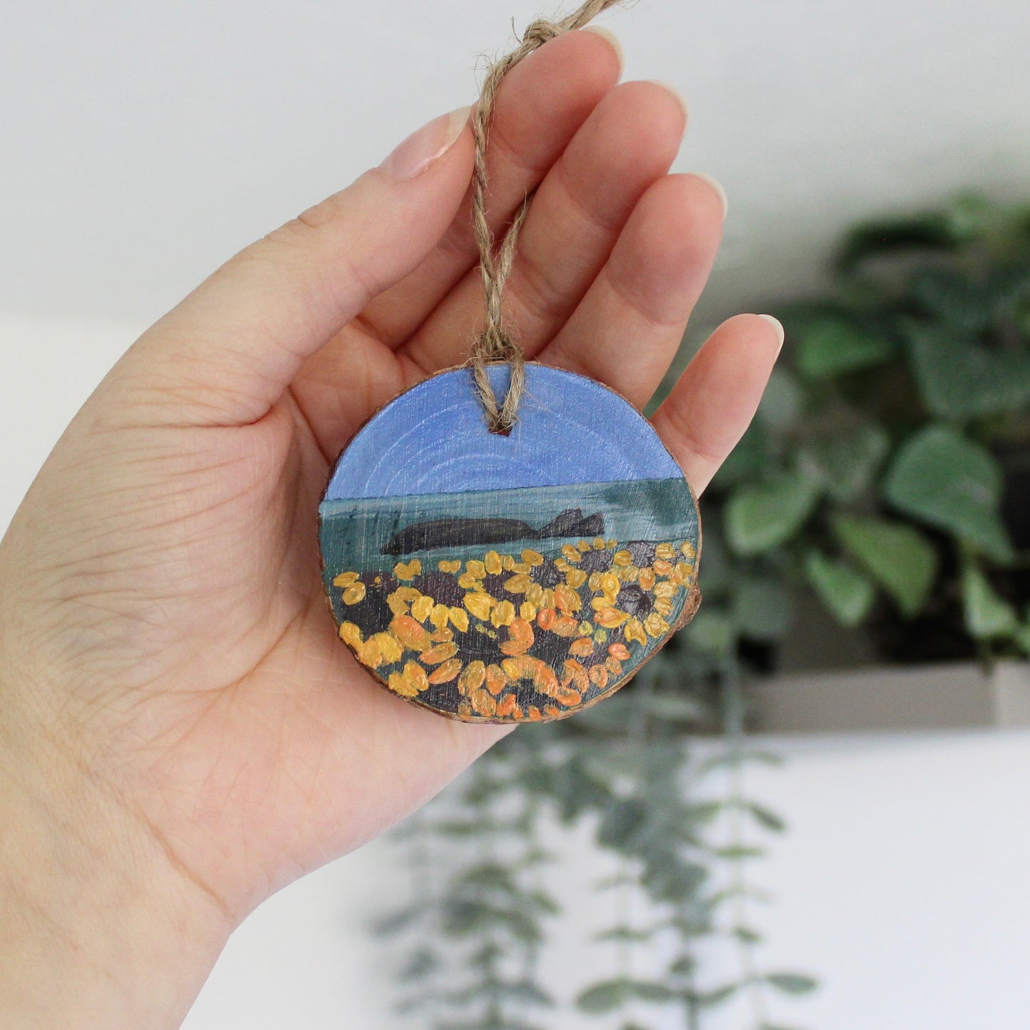 Rhossili Sunflowers Hand-Painted on Wood Slice with Twine - Rustic Welsh Art. Unique Gower Gift decoration