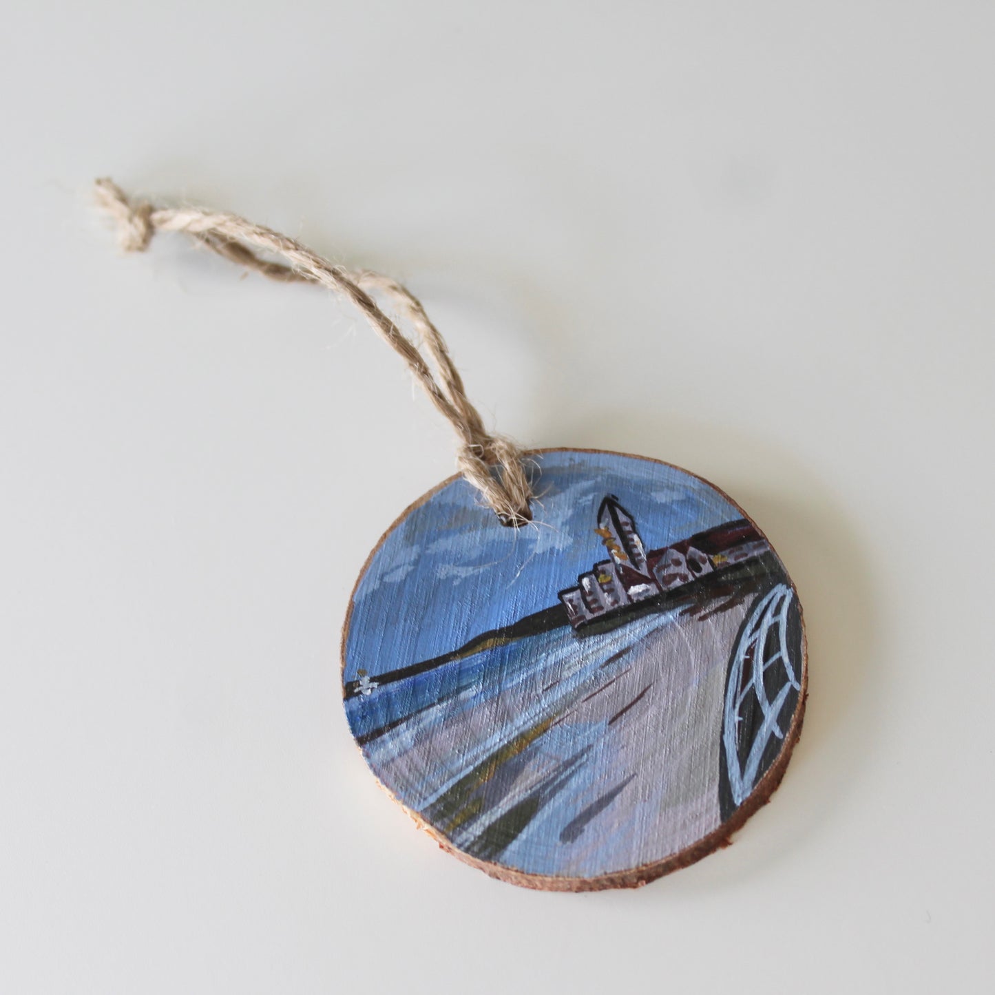 Meridian Tower on Swansea Beach, Hand-Painted Wood Slice Art, Unique Welsh Coastal Gift decoration