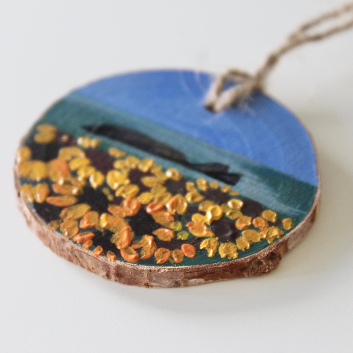 Rhossili Sunflowers Hand-Painted on Wood Slice with Twine - Rustic Welsh Art. Unique Gower Gift