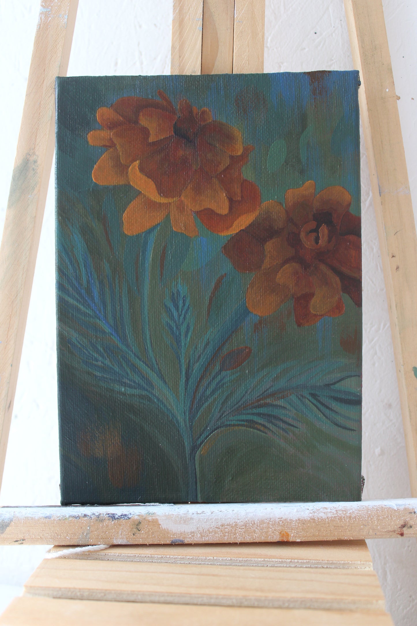 Original Marigold Acrylic Painting on 5x7 Canvas Board, October Birth Flower Art. Unique Gift from Wales