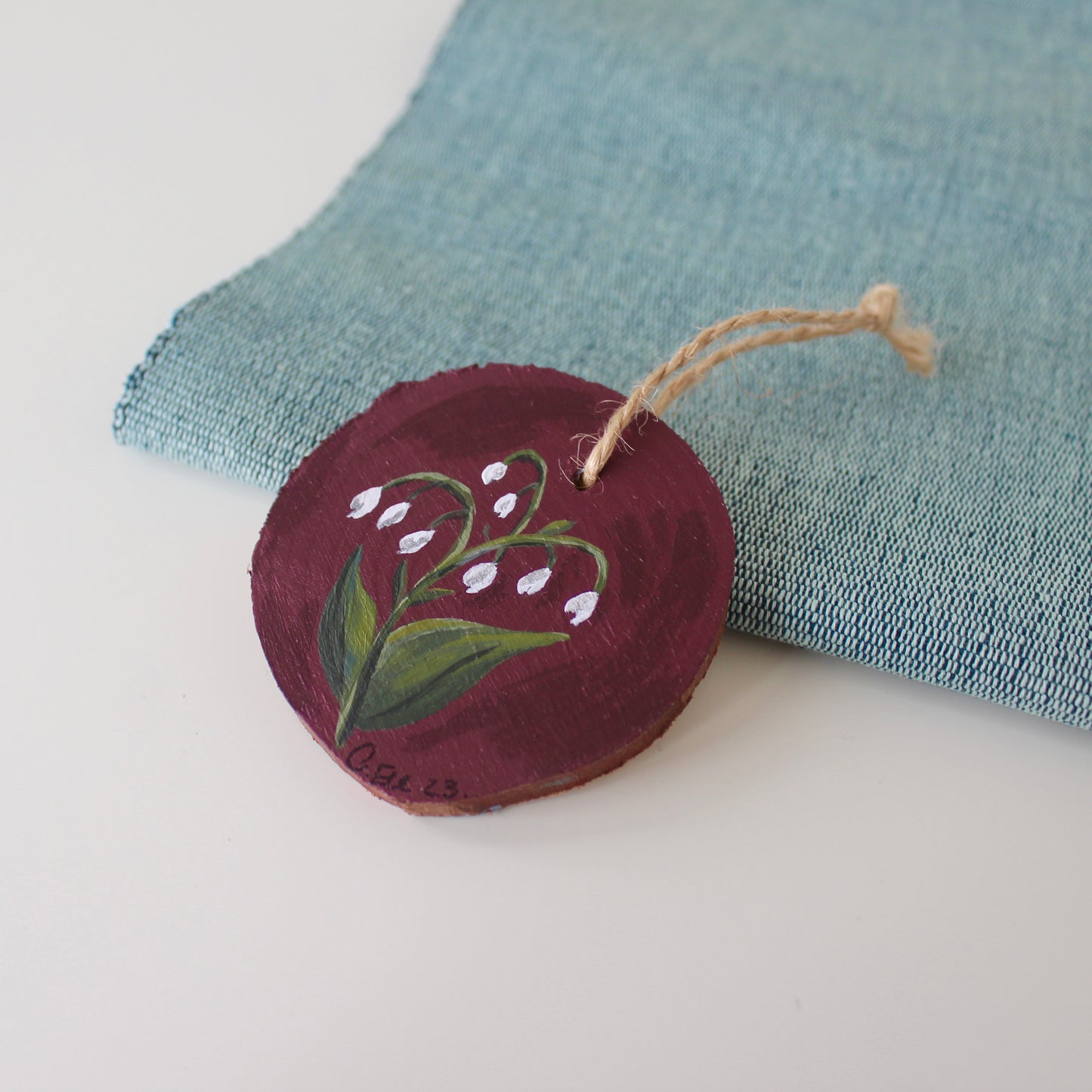 Rustic Wooden Lilly of the Valley Hanging Decor, a Winter Red Christmas Ornament, floral wood slice.