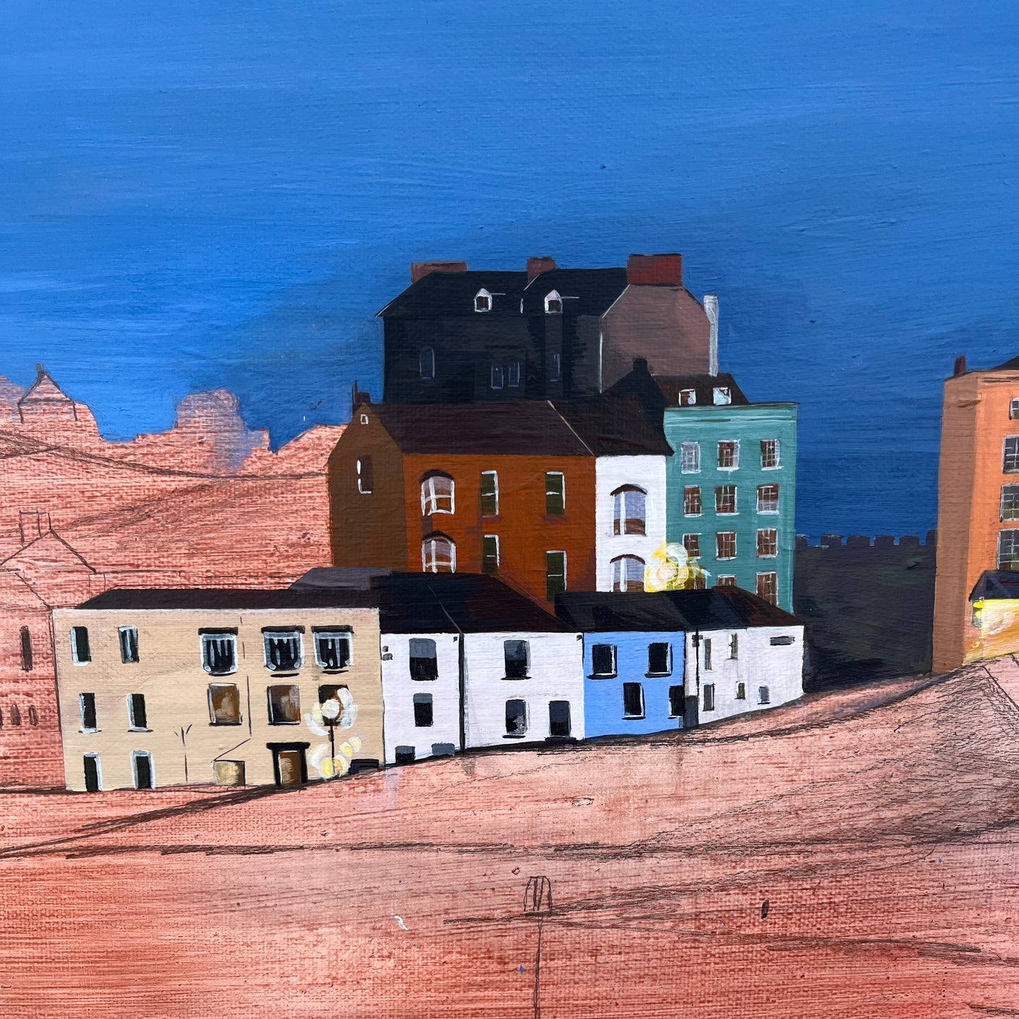 Tenby Harbour, an Autumn Evening. An original framed 90x65 cm acrylic painting on canvas by Welsh artist Caitlin Eve.