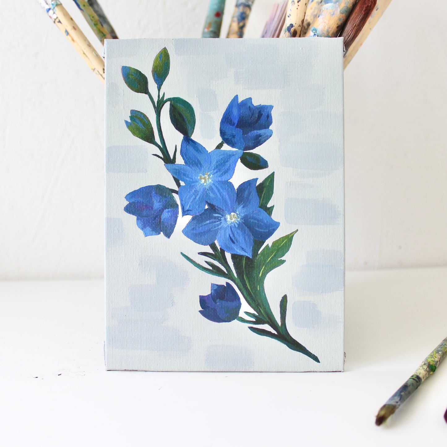 Blue Larkspur flowers, July birth month flower. Original acylic on canvas board.