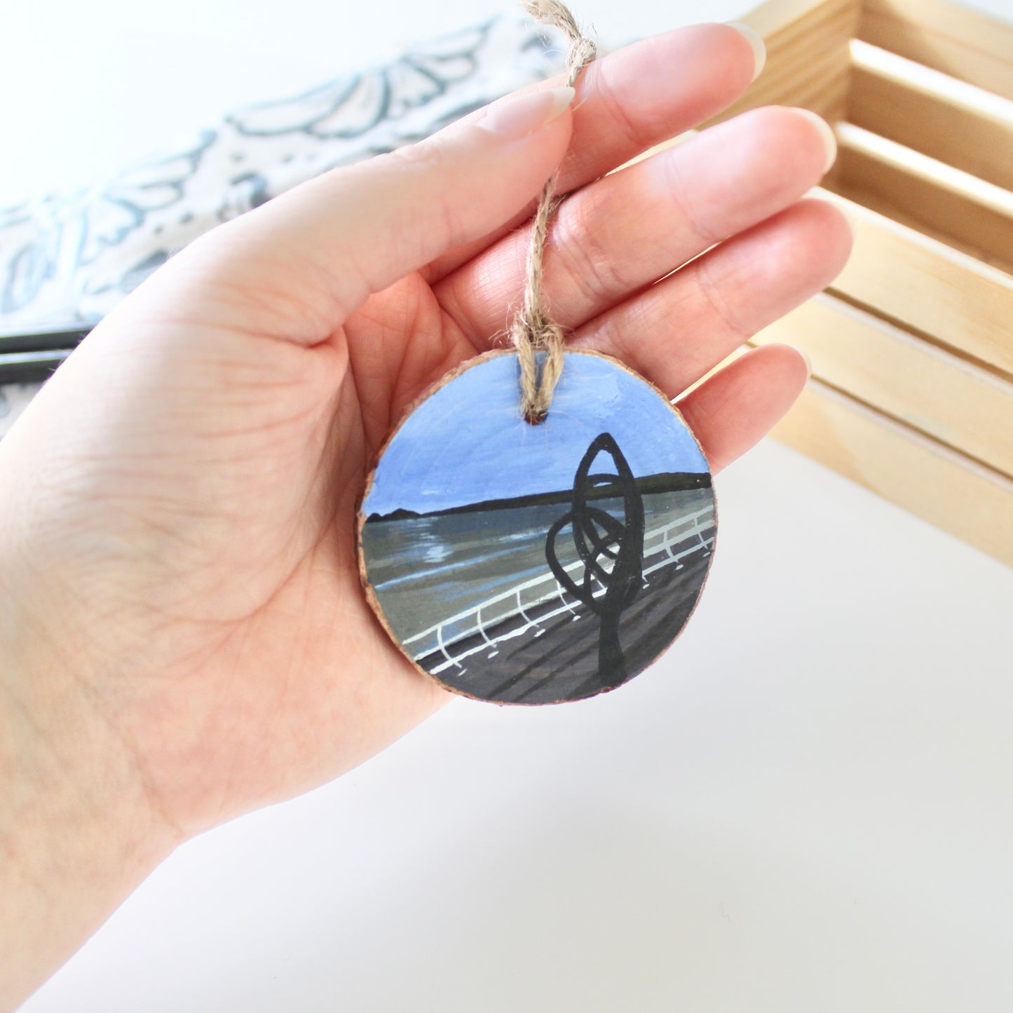 Aberavon Beach with Kite Sculpture Painting on Wood Slice, Hand-Painted Welsh Art, Unique Port Talbot Gift