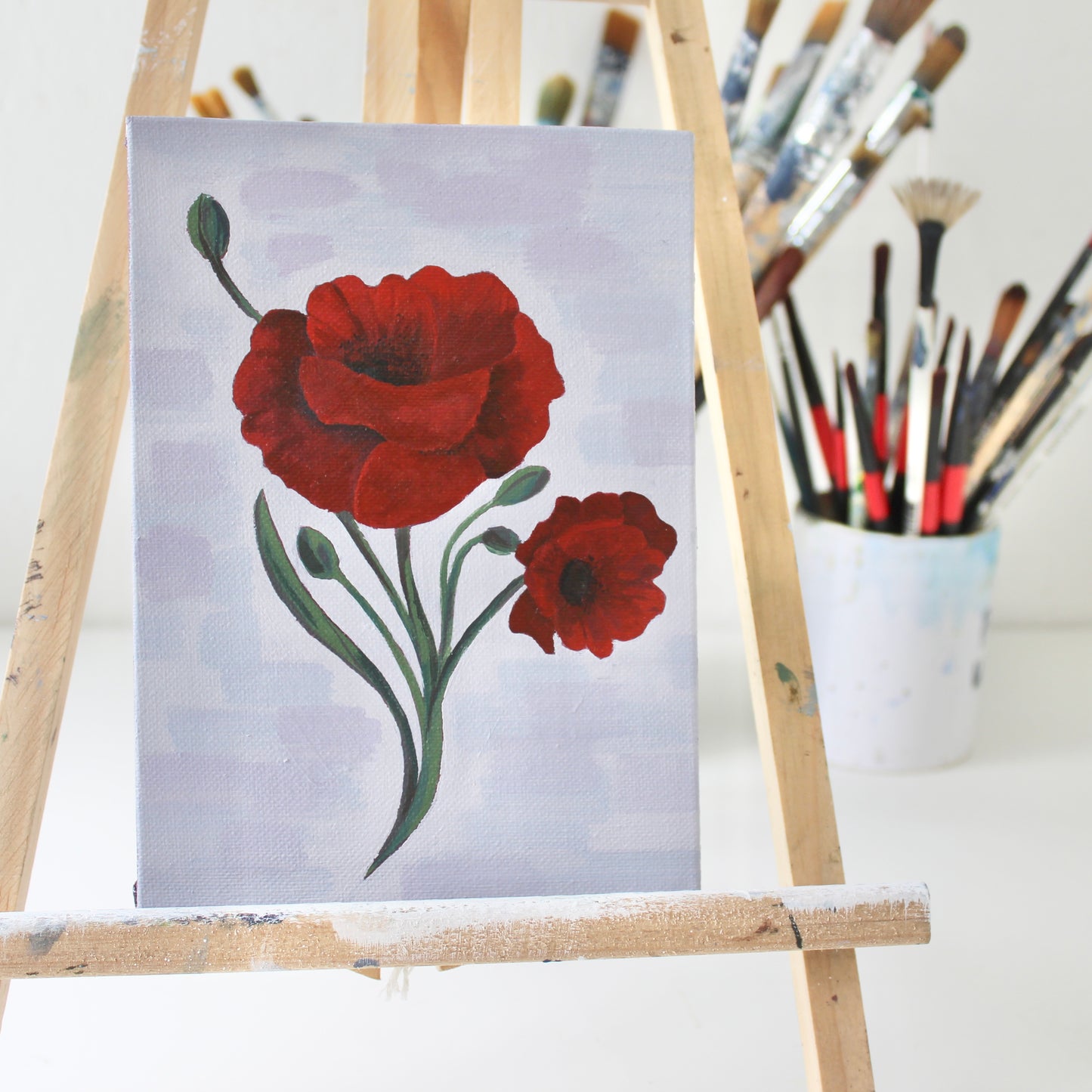 Red Poppy, August birth flower. Original acrylic painting on canvas board, 5x7"