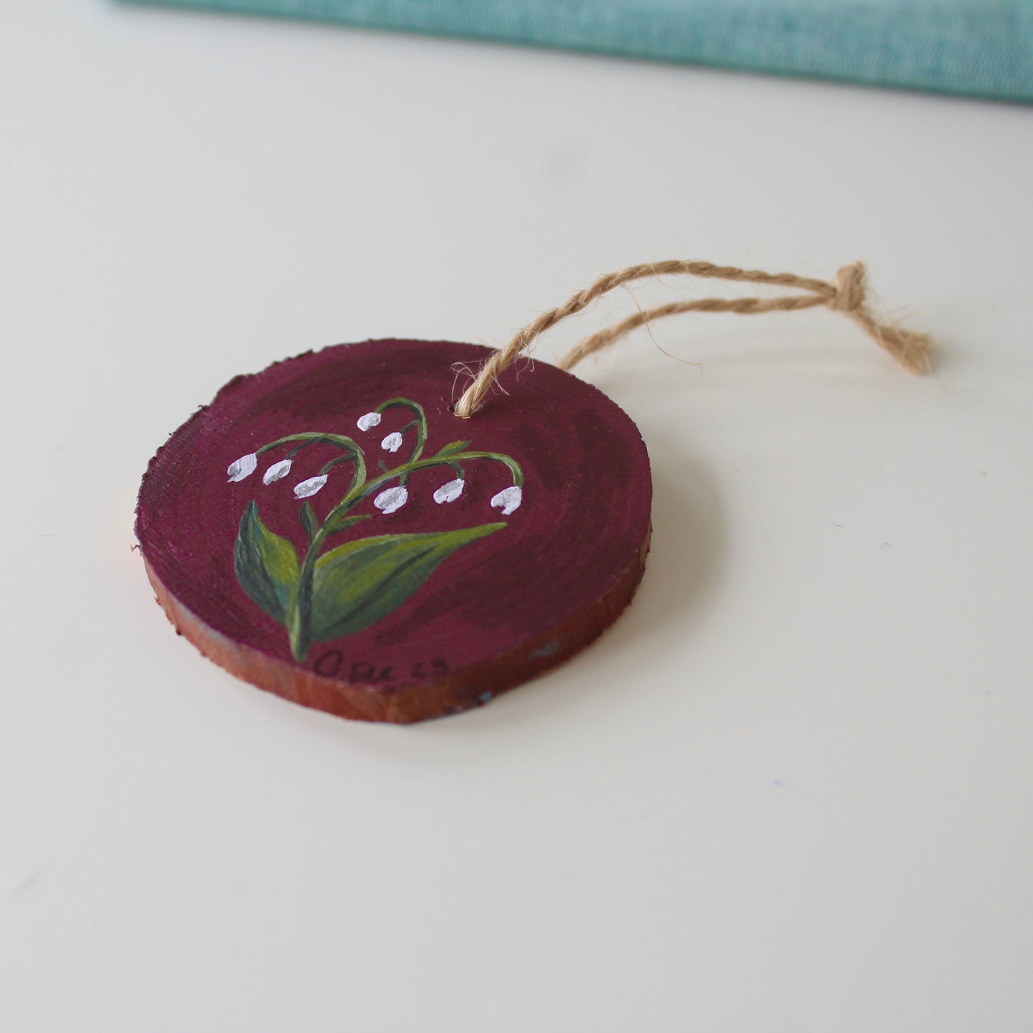 Rustic Wooden Lilly of the Valley Hanging Decor, a Winter Red Christmas Ornament, floral wood slice.