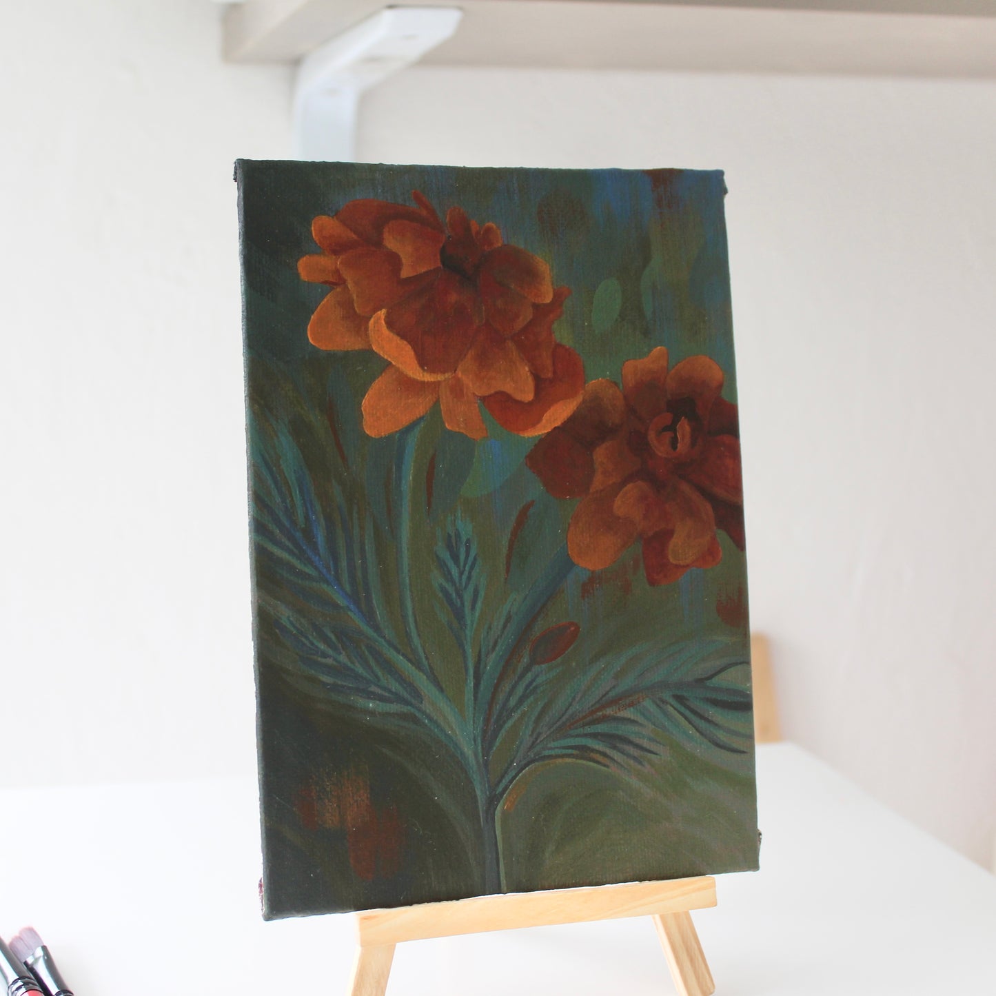 Original Marigold Acrylic Painting on 5x7 Canvas Board, October Birth Flower Art. Unique Gift from Wales