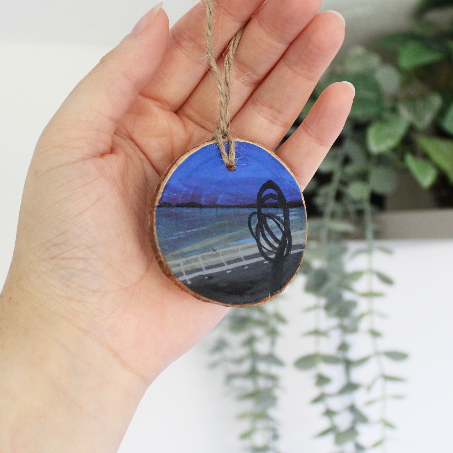 Port Talbot's Aberavon Beach and Kite Sculpture, Hand-Painted Wood Slice Art, Unique Welsh Coastal Gift