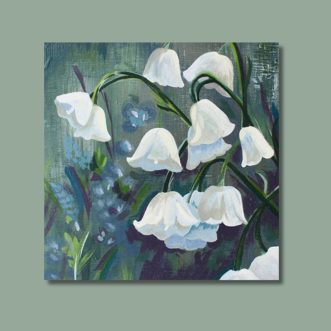 Lilly of the Valley Field - Original Welsh Acrylic Painting, Framed in White Wood, 13x13 inches