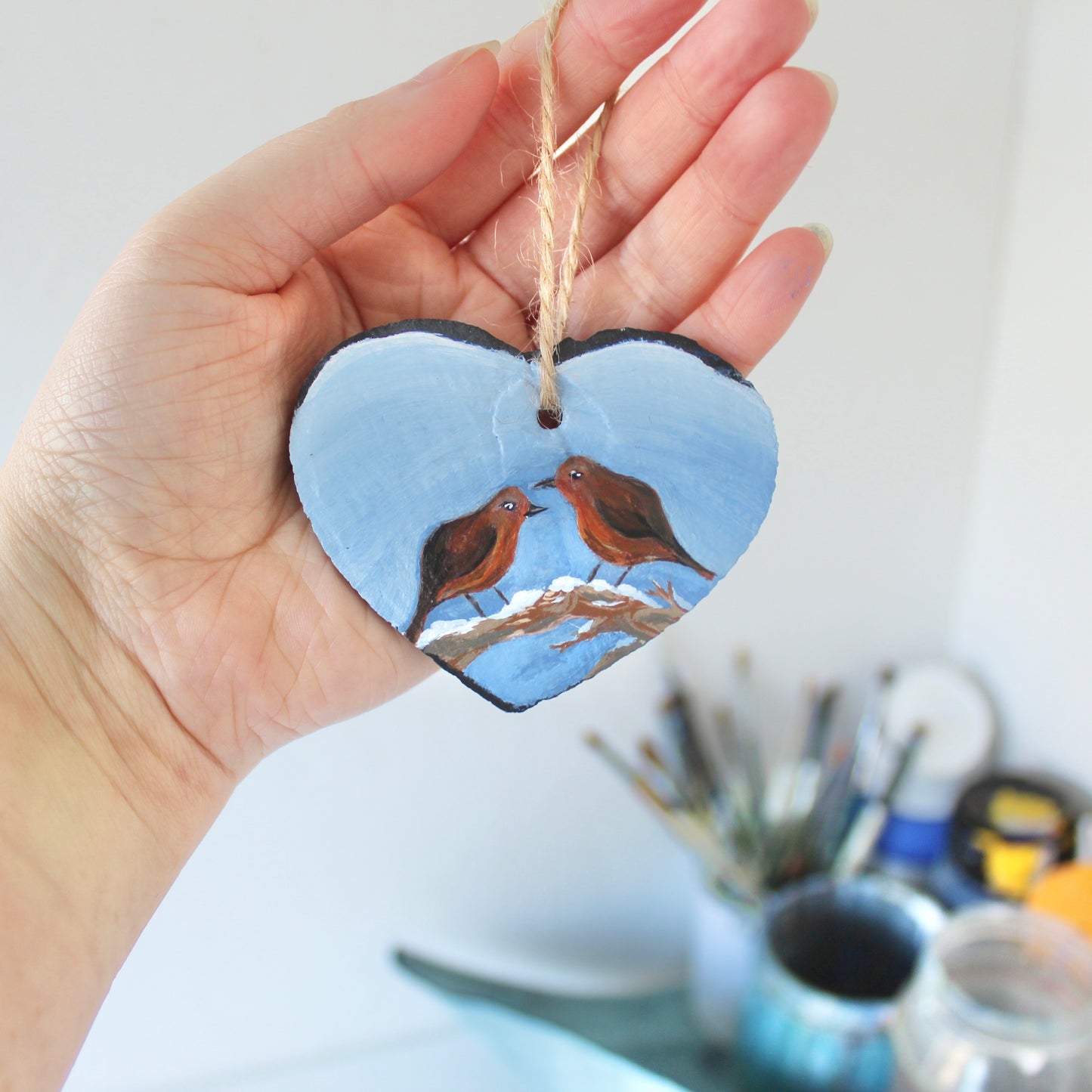 Robin Ornament - Hand-Painted slate heart decoration.