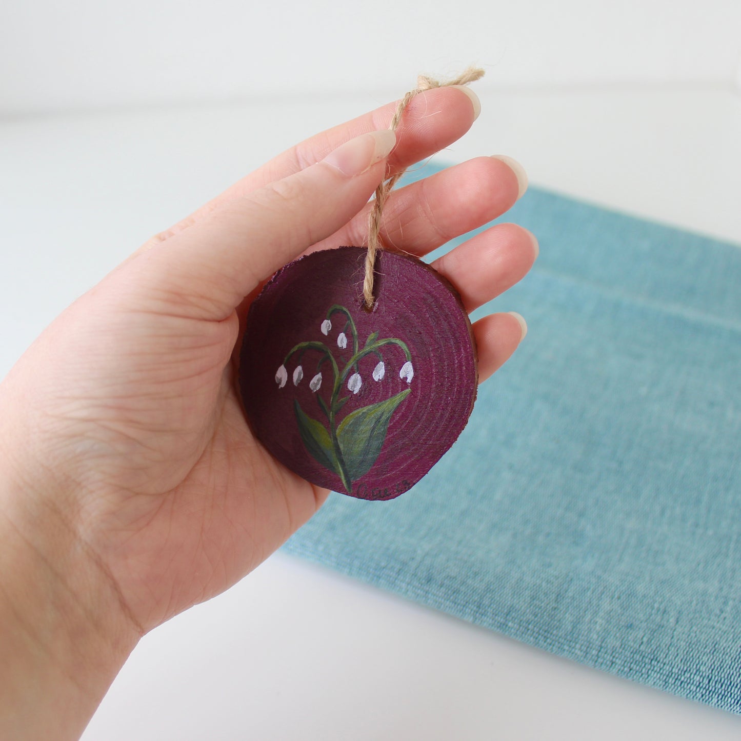 Rustic Wooden Lilly of the Valley Hanging Decor, a Winter Red Christmas Ornament, floral wood slice.