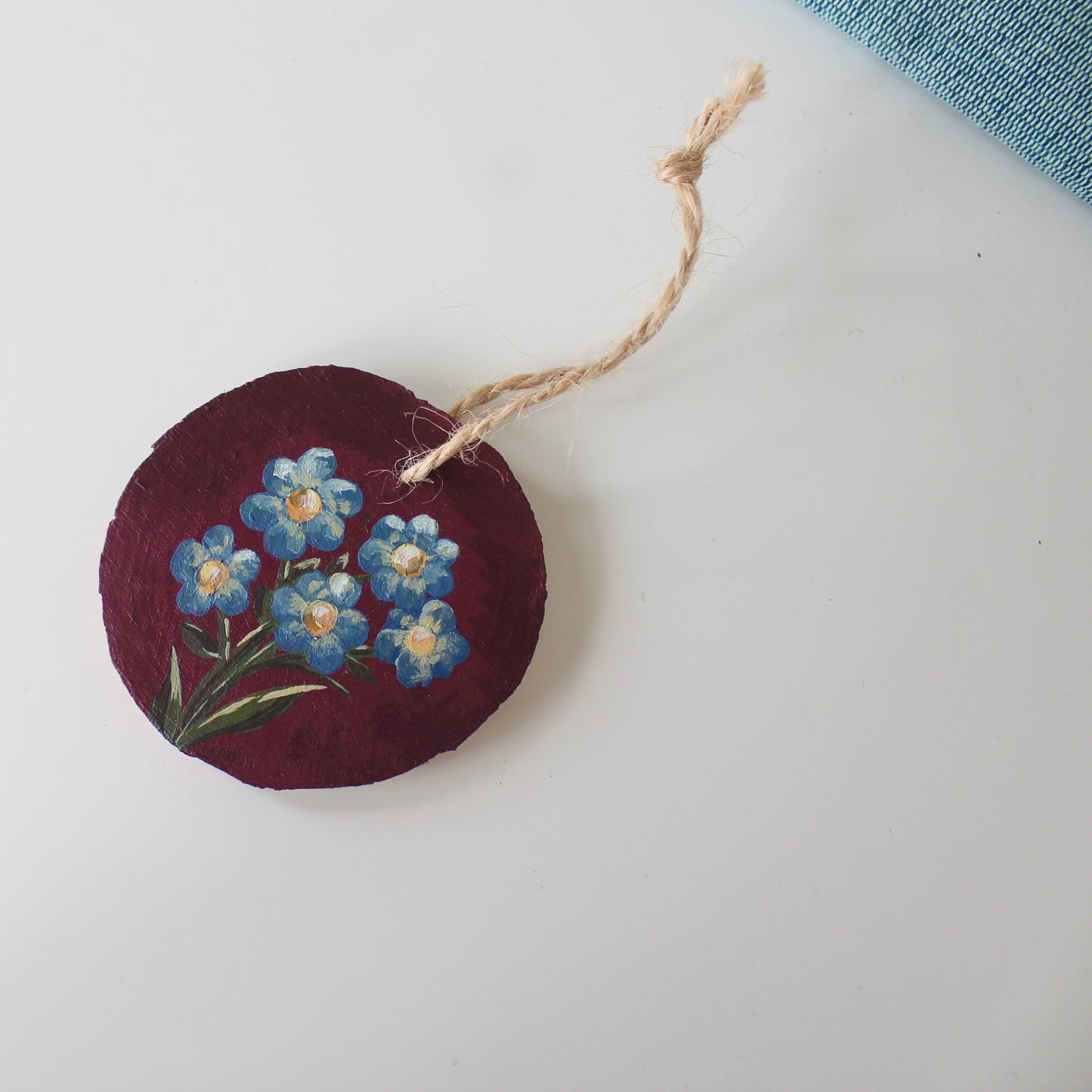 Small Wooden Forget Me Not Flowers Hanging ornament, floral wood slice painting.