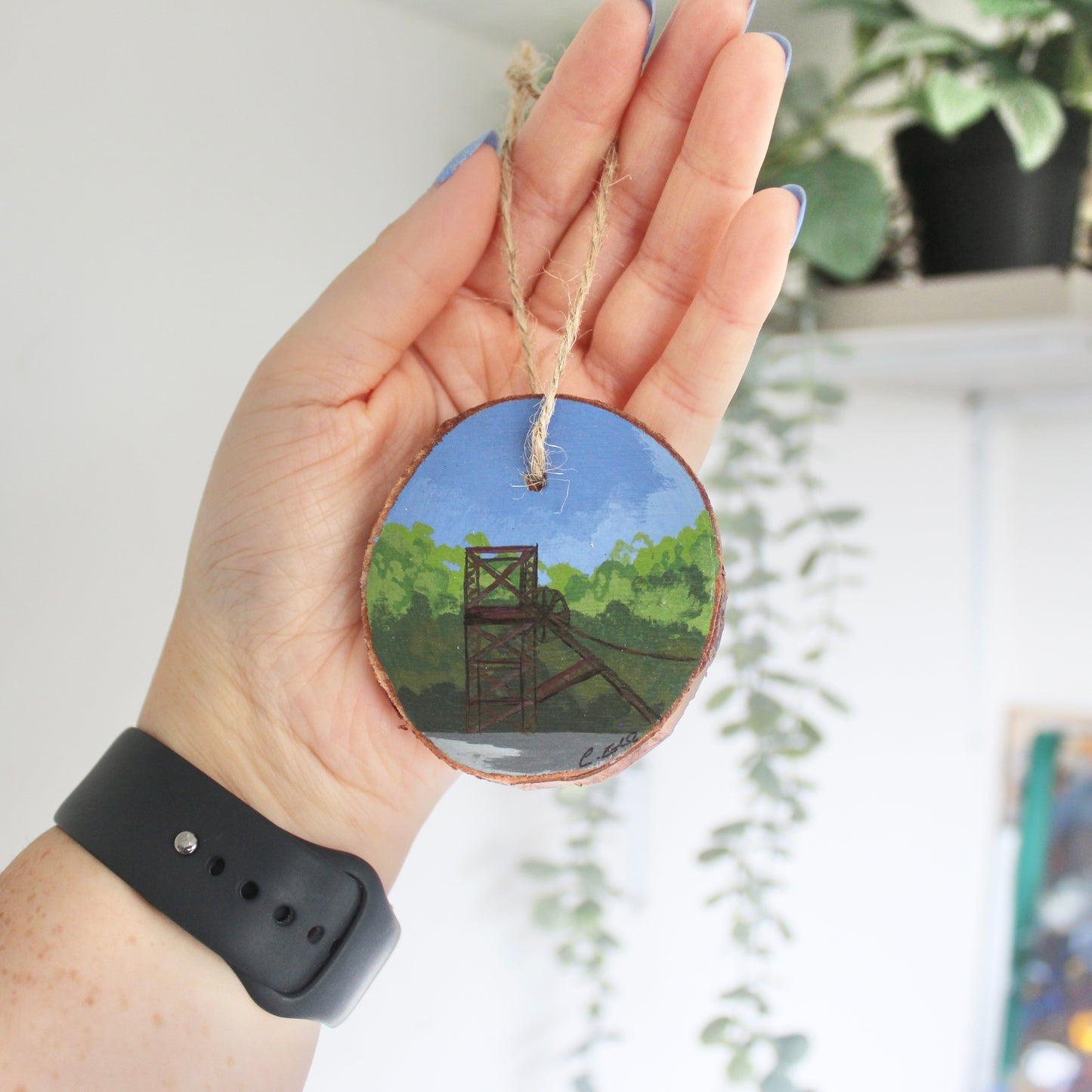 Welsh Colliery Wheel Painting on Rustic Wood Slice with Twine. Handcrafted Mining Art, Unique Gift from Wales.