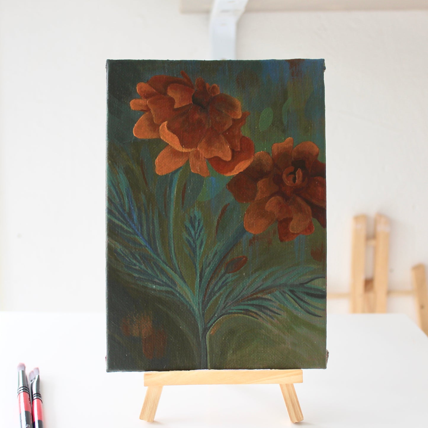 Original Marigold Acrylic Painting on 5x7 Canvas Board, October Birth Flower Art. Unique Gift from Wales