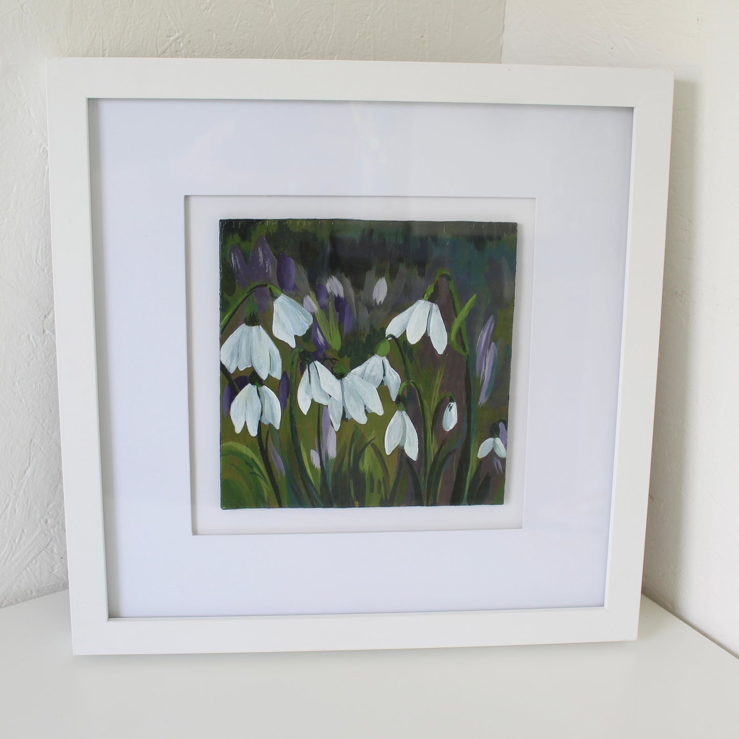 Original Welsh Art: Snowdrop Flower Field Acrylic Painting on 6x6" Wooden Panel, 13x13" White Frame