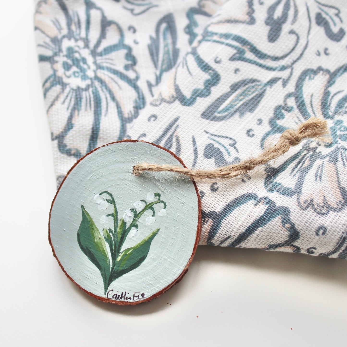 Hand-Painted Lily of the Valley Wood Slice with Twine, Original Floral Artwork, Rustic Home Decor, Unique Welsh Gift