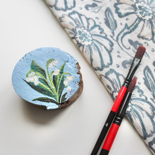 Lily of the Valley Hand-Painted on Free-Standing Wood Slice. Original Art for Shelf or Desk Decor, Unique Gift