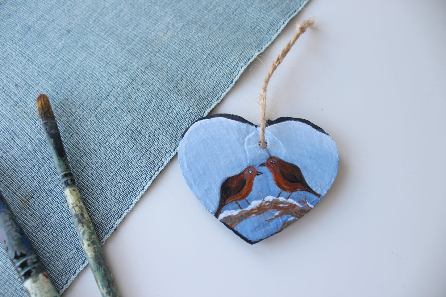 Robin Ornament - Hand-Painted slate heart decoration.