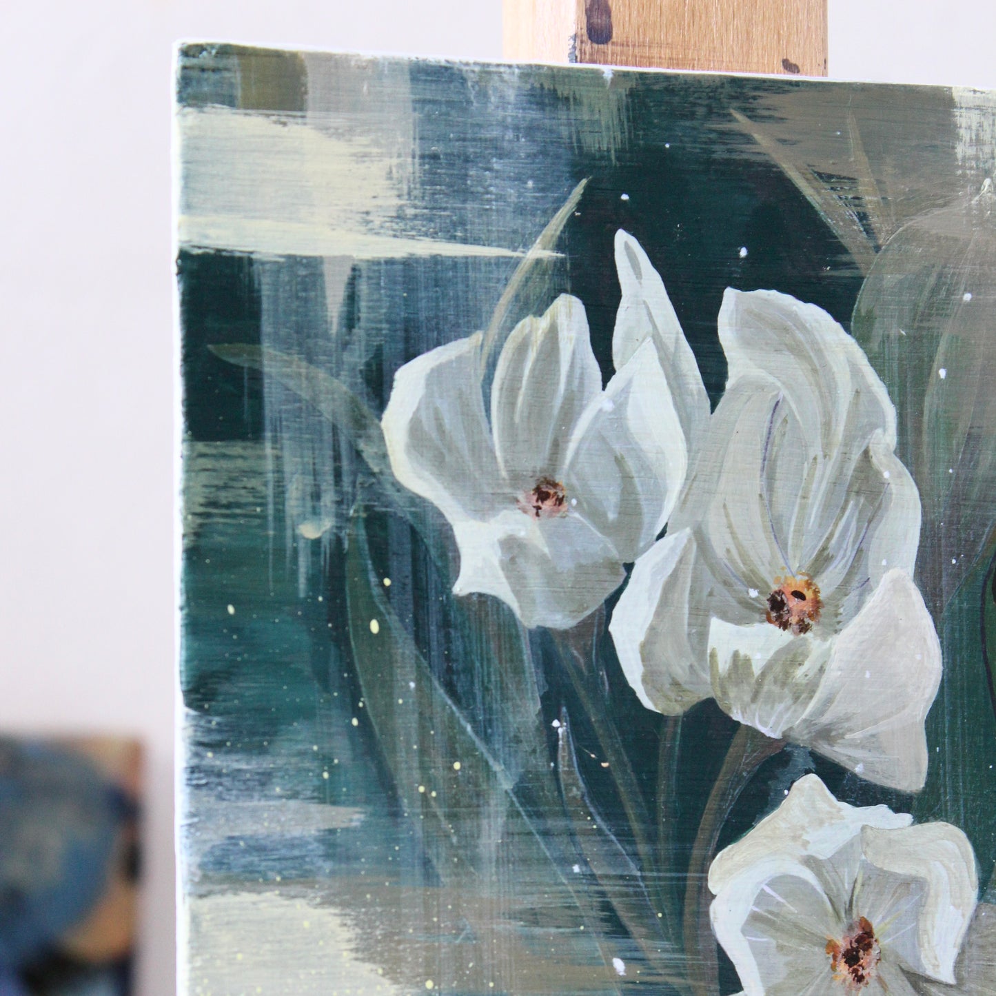 White Crocuses – Original Acrylic Painting on Wood Panel (6 x 6 in / 16 x 16 cm, Framed 13 x 13 in / 33 x 33 cm)