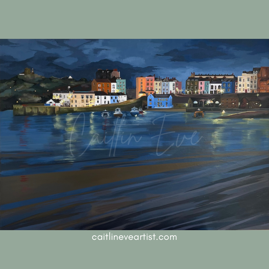 Tenby Harbour, an Autumn Evening. An original framed 90x65 cm acrylic painting on canvas by Welsh artist Caitlin Eve.