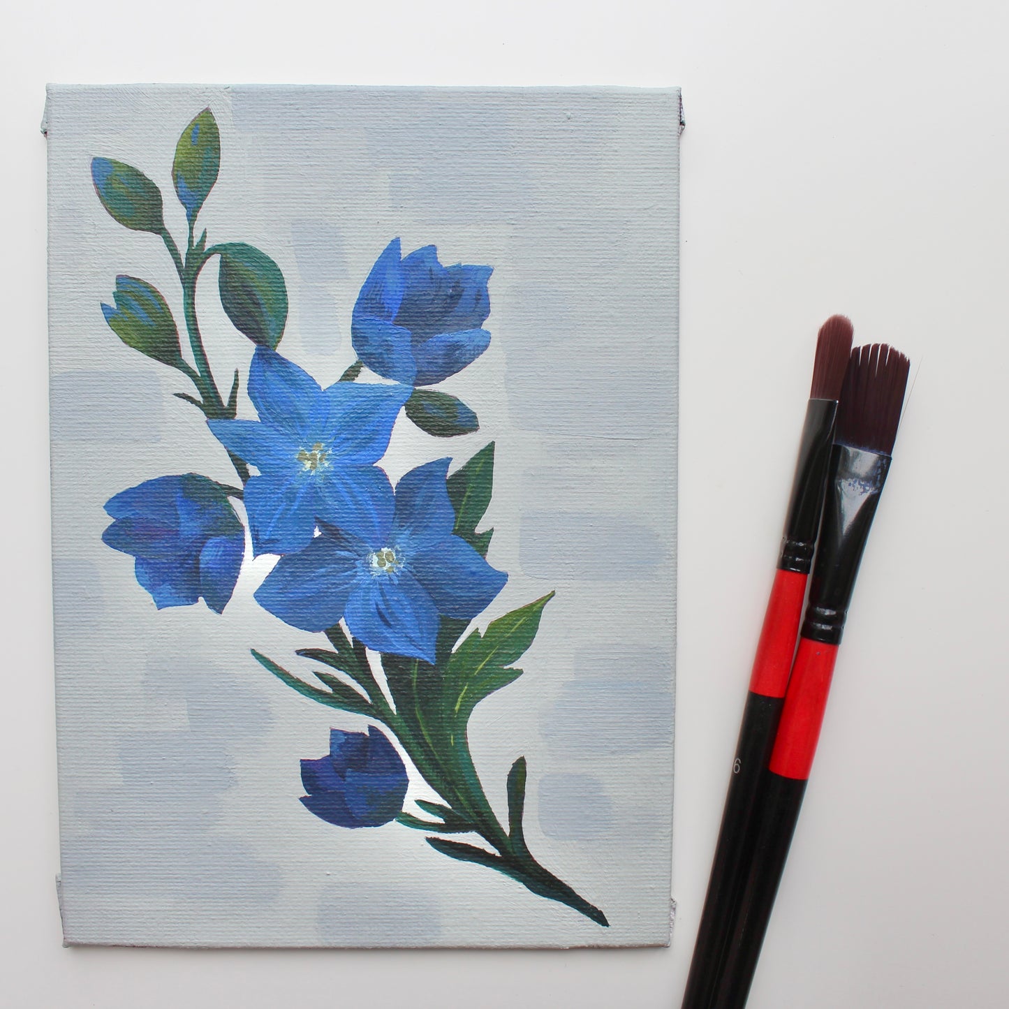 Blue Larkspur flowers, July birth month flower. Original acylic on canvas board.